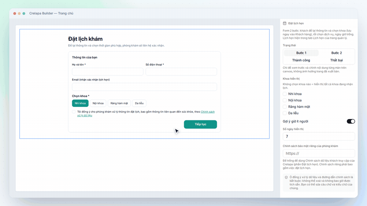 Thêm form đặt lịch hẹn vào website phòng khám trong trình chỉnh sửa Crelapa