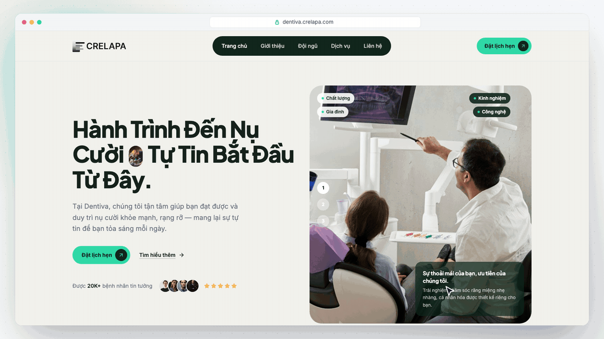 Bệnh nhân đặt lịch khám online 2 bước trên website phòng khám làm bằng Crelapa