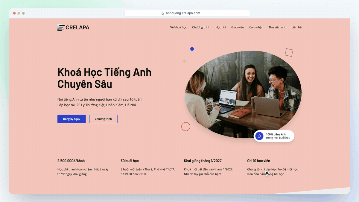 Học viên đăng ký lớp trên website trung tâm và trung tâm duyệt trong trang quản lý Crelapa